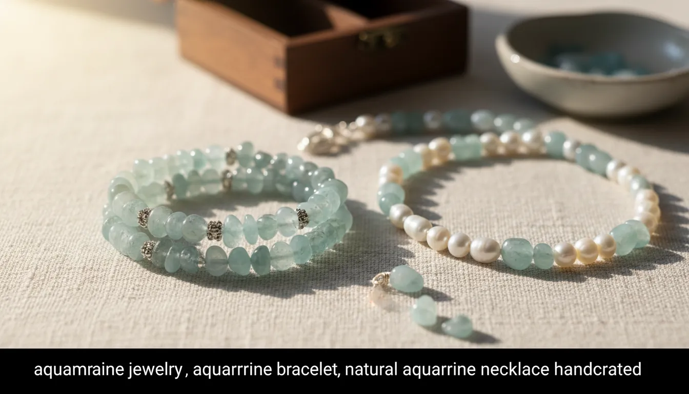 16:9 lifestyle photo of a handcrafted aquamarine bracelet and aquamarine pearl necklace on a linen background with soft natural light; alt text: aquamarine jewelry, aquamarine bracelet, natural aquamarine necklace handcrafted