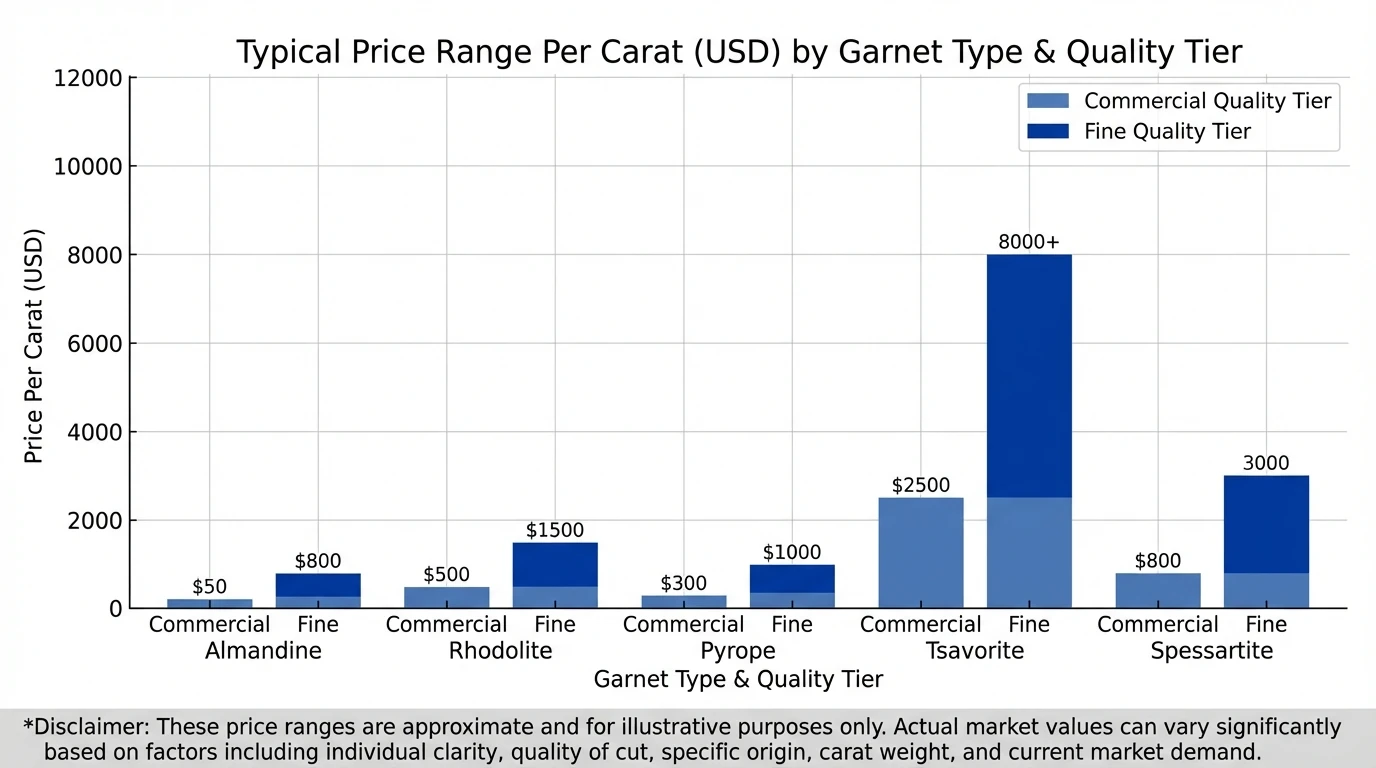 Bar chart showing typical price range per carat (USD) by garnet type and quality tier; categories: Almandine (commercial/fine), Rhodolite (commercial/fine), Pyrope (commercial/fine), Tsavorite (commercial/fine), Spessartite (commercial/fine); emphasize that ranges vary by clarity, cut, and origin