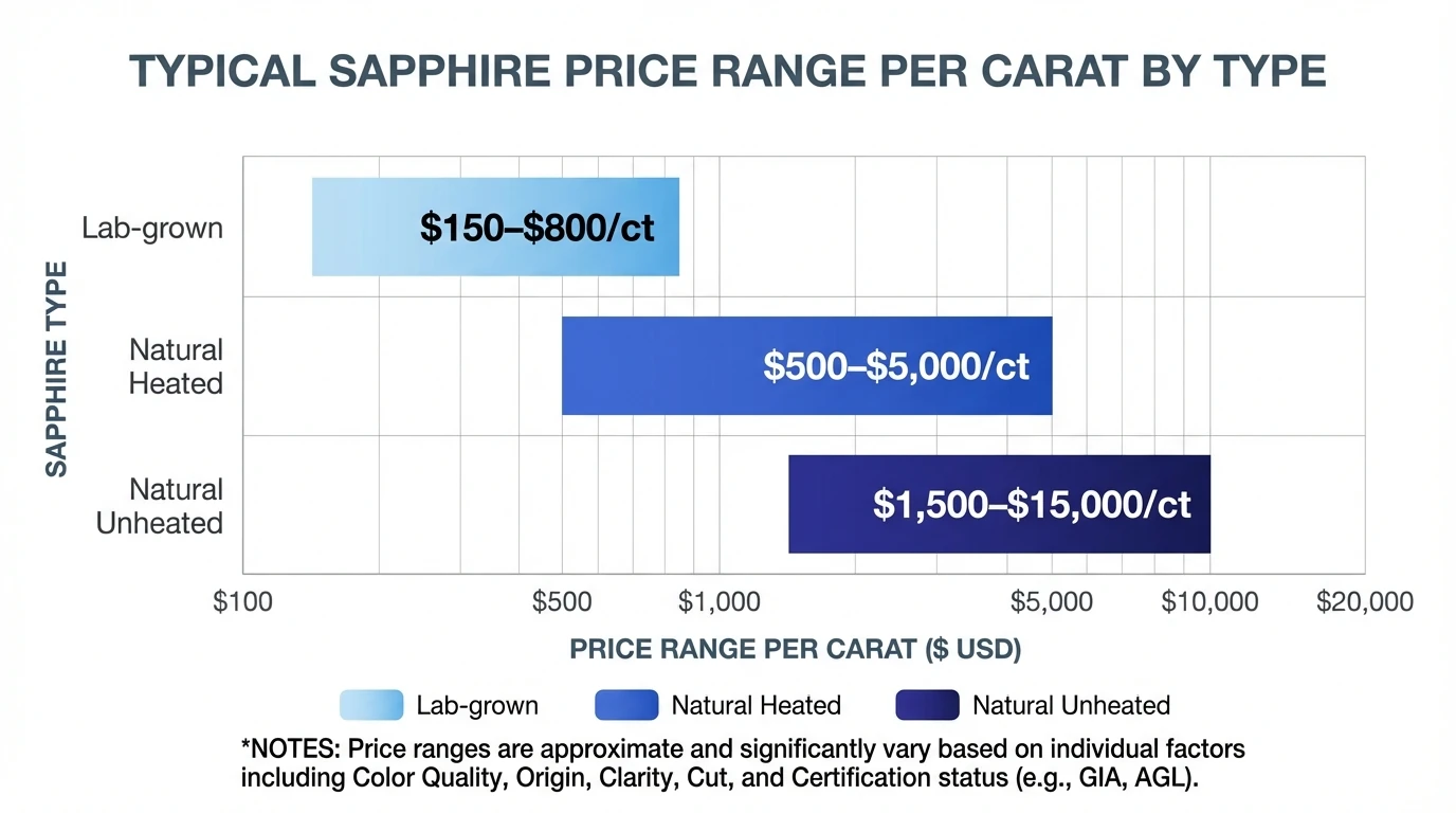 Bar chart showing typical price range per carat by sapphire type; categories: Lab-grown ($150–$800/ct), Natural Heated ($500–$5,000/ct), Natural Unheated ($1,500–$15,000/ct); notes: ranges vary by color quality, origin, and certification