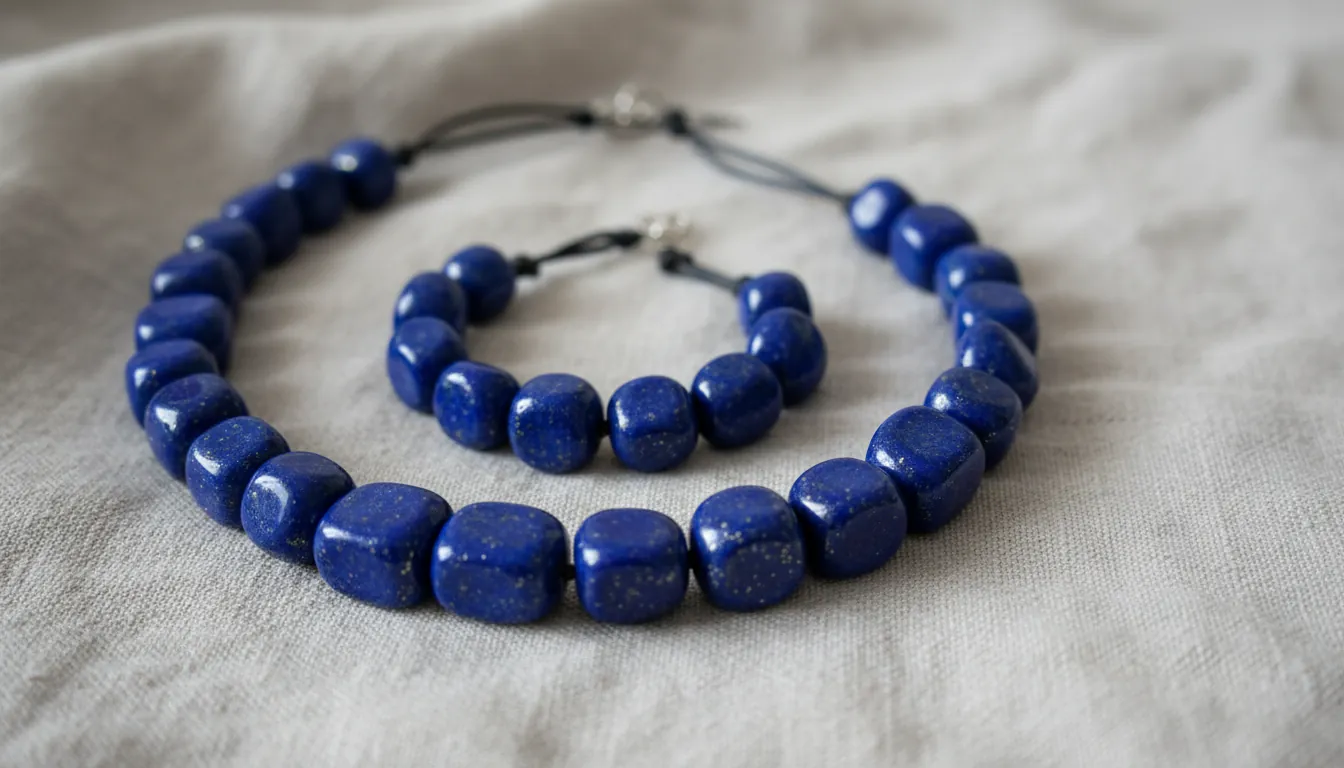 16:9 cinematic close-up of jewellery lapis lazuli necklace and bracelet on neutral linen, showing deep ultramarine blue stone with natural gold pyrite flecks; soft daylight, shallow depth of field; alt text: jewellery lapis lazuli necklace bracelet natural lapis lazuli pyrite flecks