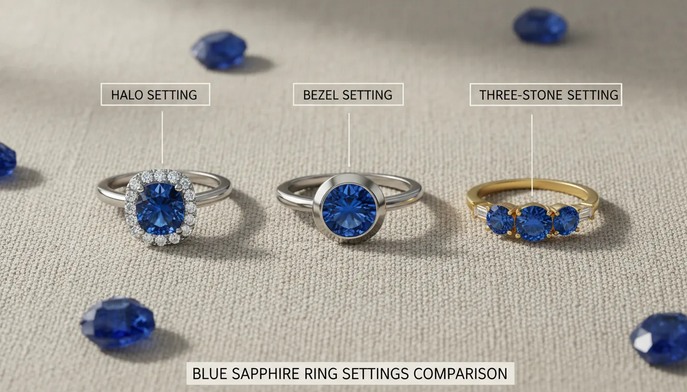 16:9 flat lay of three blue sapphire rings in different settings—halo, bezel, three-stone—on neutral linen with labeled callouts; alt text: blue sapphire jewelers sapphire ring settings halo bezel three stone comparison