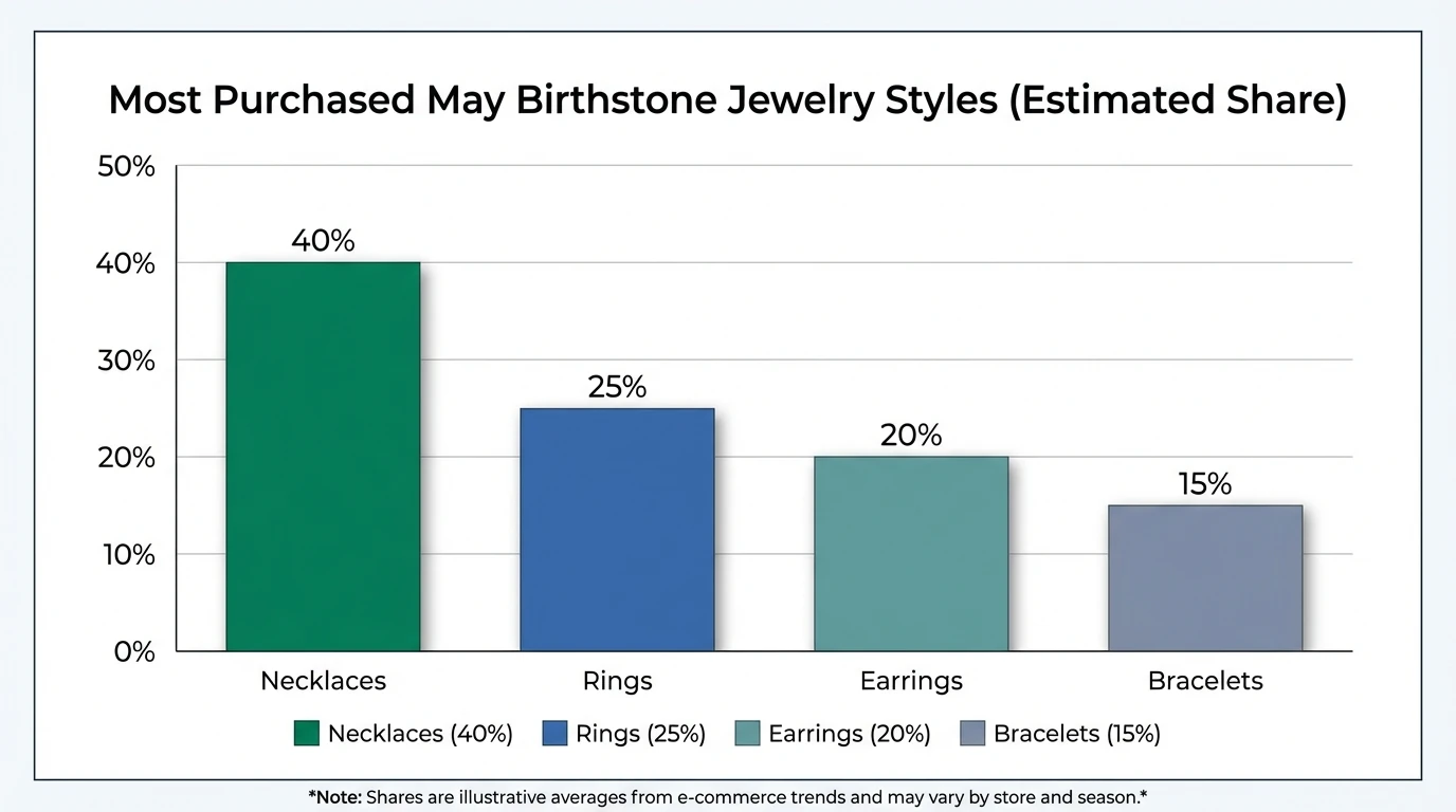 Bar chart showing “Most Purchased May Birthstone Jewelry Styles (Estimated Share)”; data: Necklaces 40%, Rings 25%, Earrings 20%, Bracelets 15%; include note: shares are illustrative averages from e-commerce trends and may vary by store and season