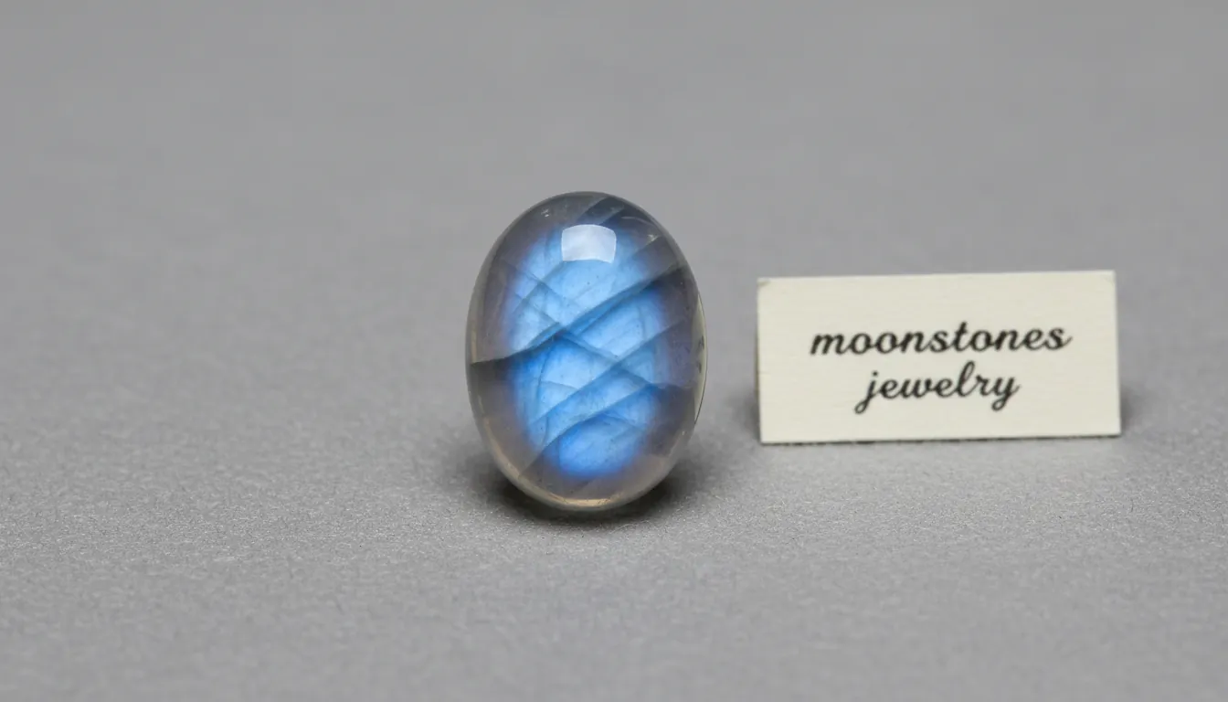 A 16:9 close-up macro of a polished moonstone cabochon showing strong blue adularescence on a neutral backdrop, with a small “moonstones jewelry” tag beside it; studio lighting, sharp focus, premium editorial style; alt text: moonstones jewelry blue adularescence close-up