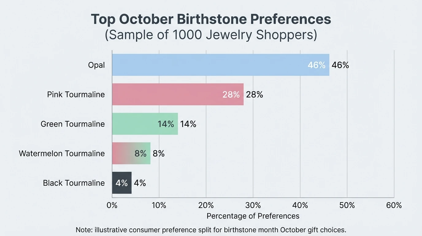 Bar chart showing “Top October birthstone preferences (sample of 1000 jewelry shoppers)” with data: Opal 46%, Pink Tourmaline 28%, Green Tourmaline 14%, Watermelon Tourmaline 8%, Black Tourmaline 4%; note: illustrative consumer preference split for birthstone month October gift choices