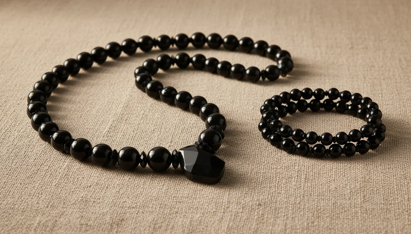 16:9 hero image of a handcrafted black onyx necklace and bracelet set on a warm neutral linen background, soft natural window light, subtle crystal sparkle, minimal styling; alt text: onyx jewelry black onyx necklace bracelet natural gemstone handcrafted