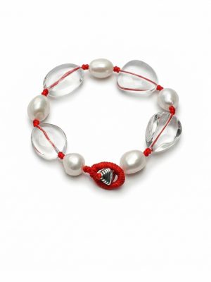 Luminous Clarity: Freeform Clear Quartz & Natural Pearl Protective Red Cord Bracelet