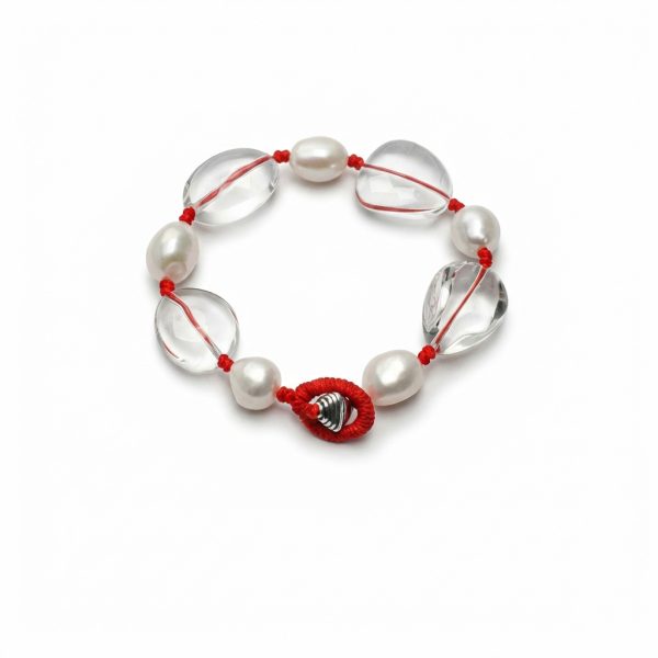 Luminous Clarity: Freeform Clear Quartz & Natural Pearl Protective Red Cord Bracelet