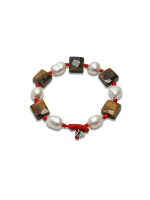 Grounded Fortune: Faceted Tiger's Eye & Natural Pearl Red String Bracelet