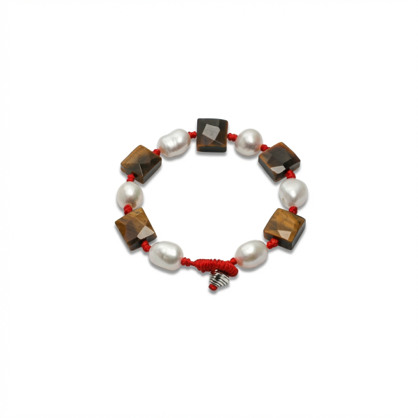 Grounded Fortune: Faceted Tiger's Eye & Natural Pearl Red String Bracelet