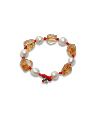 Radiant Prosperity: Freeform Citrine & Natural Pearl Red Cord Bracelet