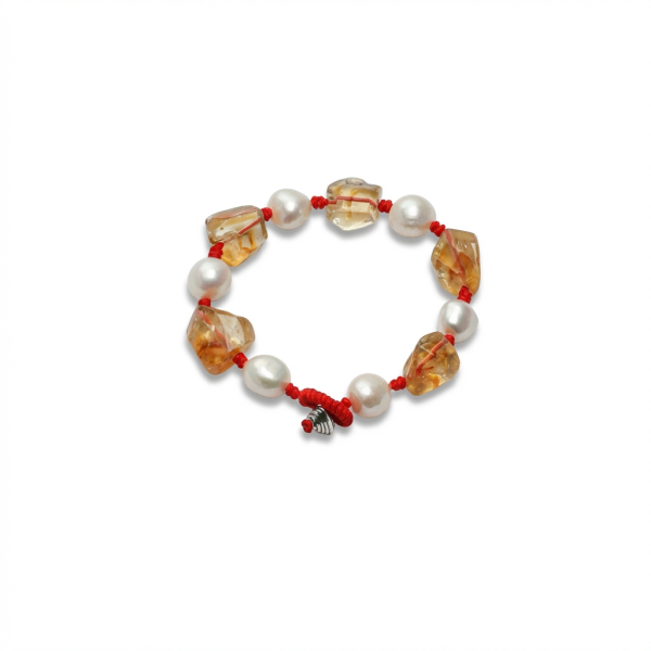 Radiant Prosperity: Freeform Citrine & Natural Pearl Red Cord Bracelet