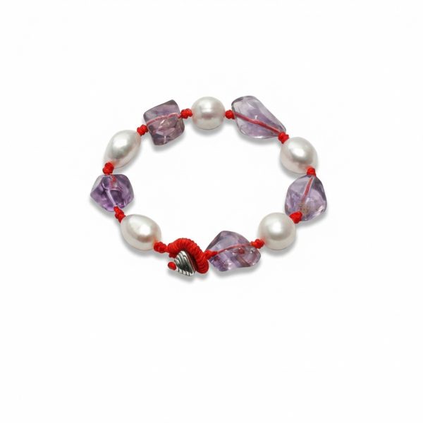 Intuitive Wisdom: Freeform Amethyst & Natural Pearl Red String Protection Bracelet