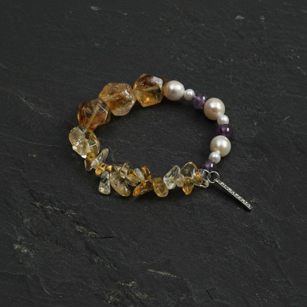 Radiant Prosperity: Brazilian Citrine, Amethyst & Baroque Pearl Healing Bracelet