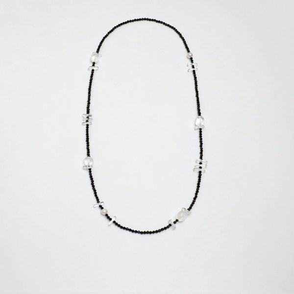 Protective Clarity: Faceted Black Tourmaline, Clear Quartz & Natural Pearl Long Necklace
