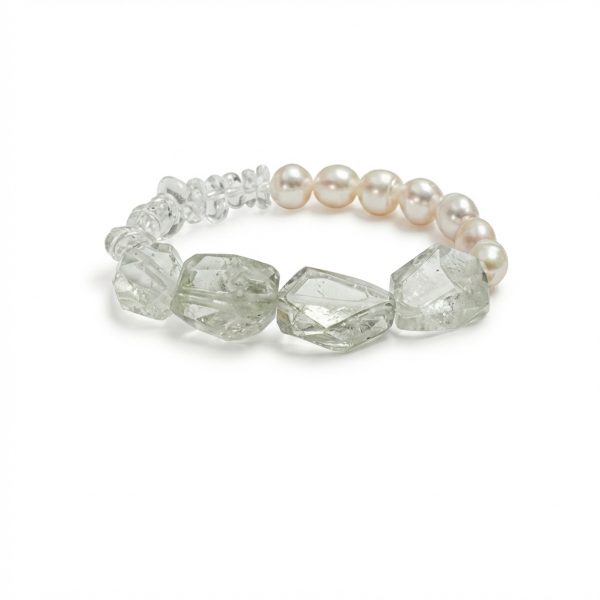 Ethereal Clarity: Green Quartz, Crushed Ice Crystal & Freshwater Pearl Healing Bracelet