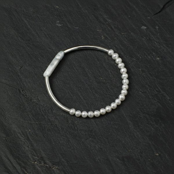 Moonlit Harmony: Natural Seed Pearl & S925 Silver Curved Tube Bracelet