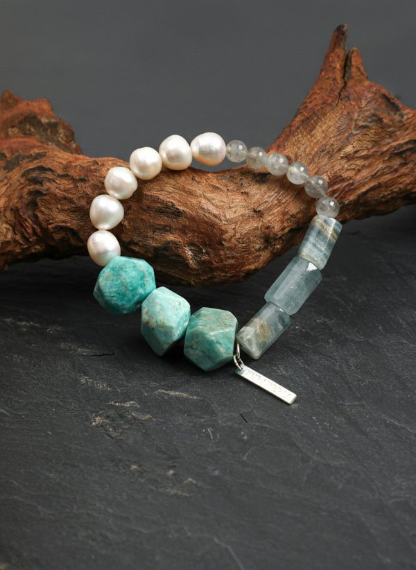 Oceanic Tranquility: Amazonite, Grey Moonstone & Pearl Energy Bracelet