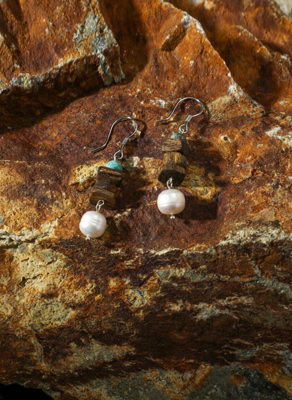 Earthly Zen: Rare Kynam Agarwood, Turquoise & Pearl Grounding Earrings