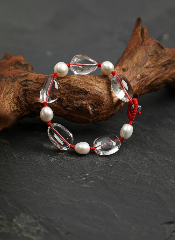 Luminous Clarity: Freeform Clear Quartz & Natural Pearl Protective Red Cord Bracelet