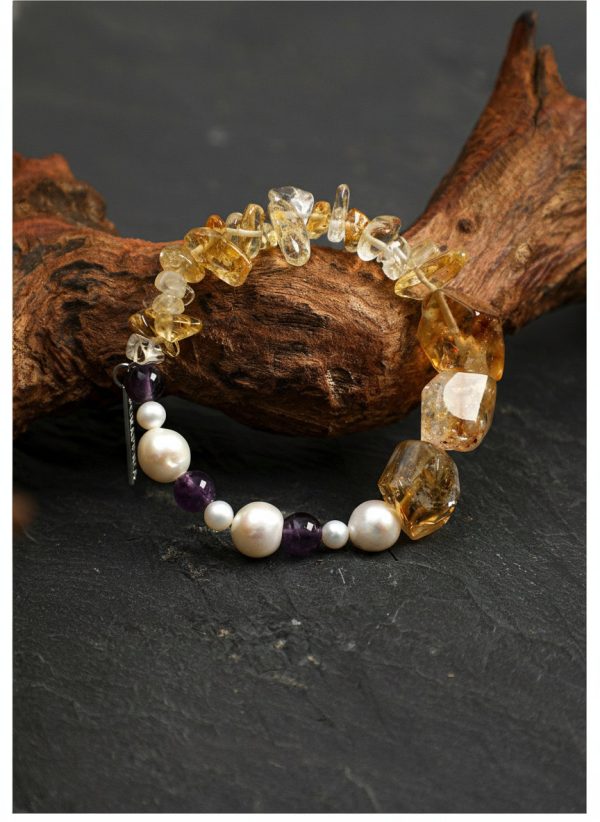 Radiant Prosperity: Brazilian Citrine, Amethyst & Baroque Pearl Healing Bracelet