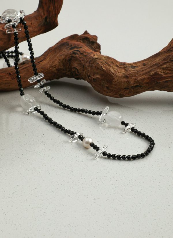 Protective Clarity: Faceted Black Tourmaline, Clear Quartz & Natural Pearl Long Necklace