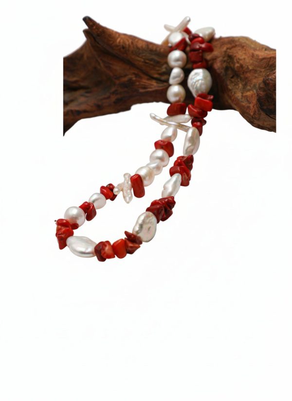 Oceanic Vitality: Natural Red Sea Bamboo & Multi-Shape Baroque Pearl Healing Necklace