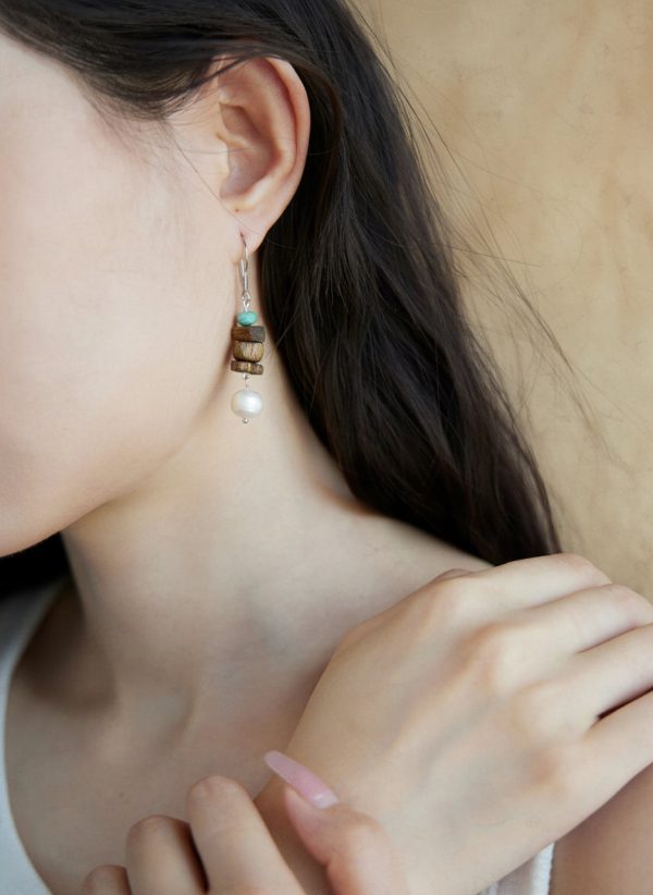 Earthly Zen: Rare Kynam Agarwood, Turquoise & Pearl Grounding Earrings