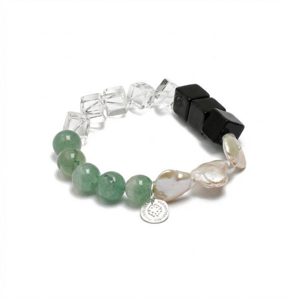 Grounding Harmony: Green Aventurine, Black Agate & Baroque Pearl Healing Bracelet