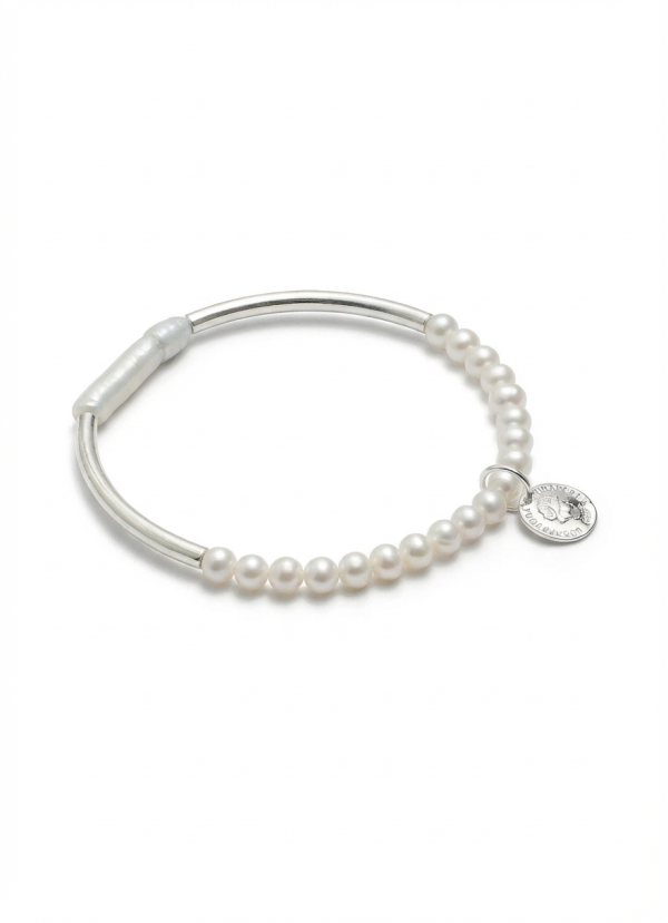 Moonlit Harmony: Natural Seed Pearl & S925 Silver Curved Tube Bracelet
