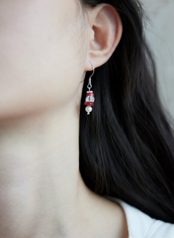 Rooted Vitality: Natural Red Agate, Clear Quartz & Pearl Healing Earrings