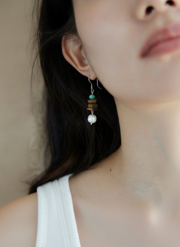 Earthly Zen: Rare Kynam Agarwood, Turquoise & Pearl Grounding Earrings