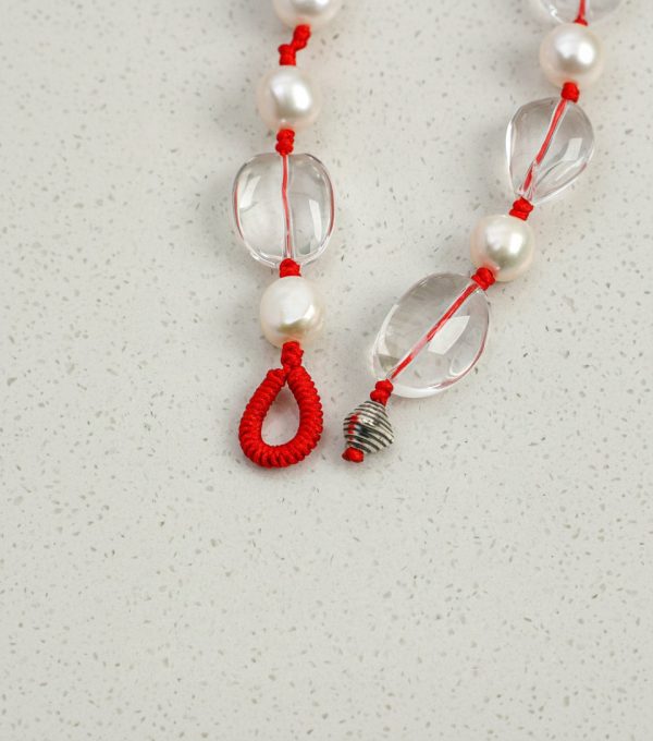 Luminous Clarity: Freeform Clear Quartz & Natural Pearl Protective Red Cord Bracelet