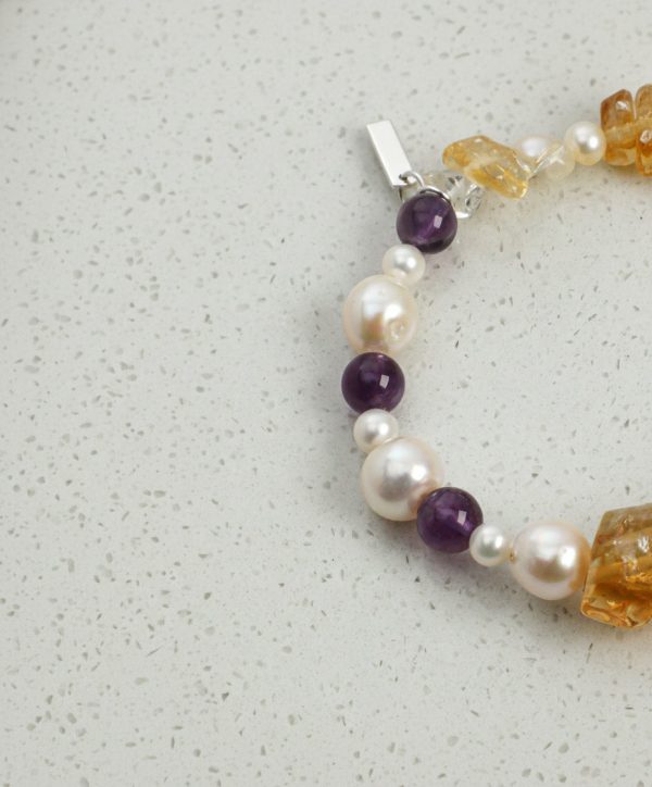 Radiant Prosperity: Brazilian Citrine, Amethyst & Baroque Pearl Healing Bracelet