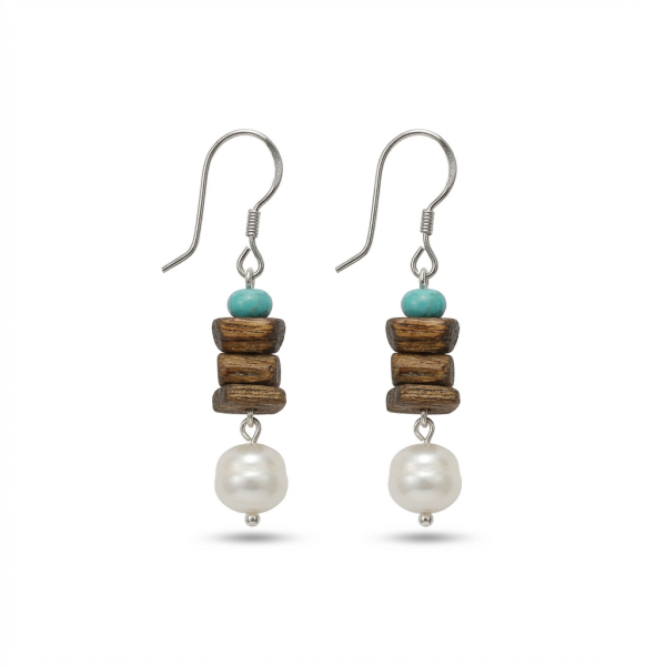Earthly Zen: Rare Kynam Agarwood, Turquoise & Pearl Grounding Earrings
