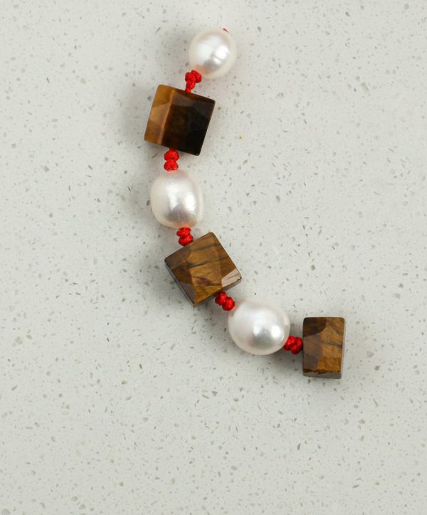 Grounded Fortune: Faceted Tiger's Eye & Natural Pearl Red String Bracelet