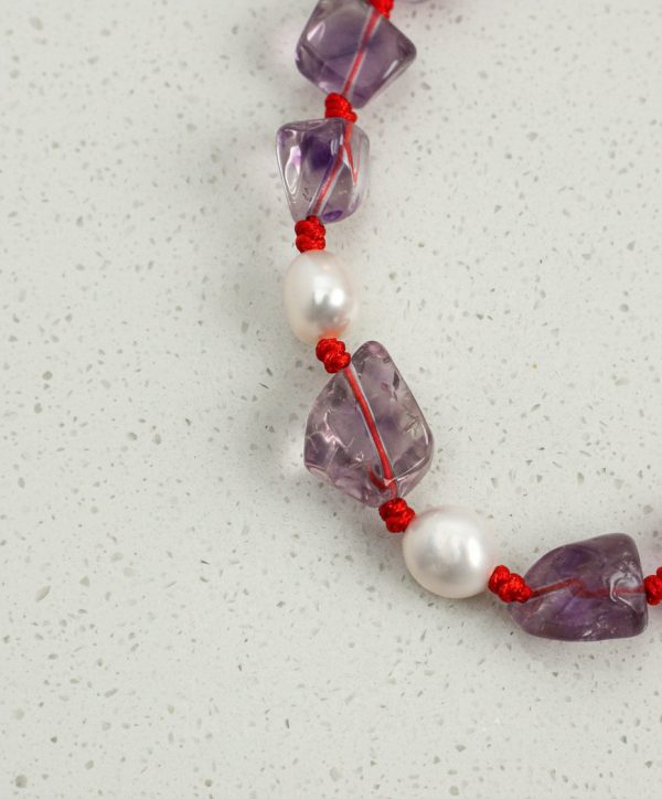 Intuitive Wisdom: Freeform Amethyst & Natural Pearl Red String Protection Bracelet