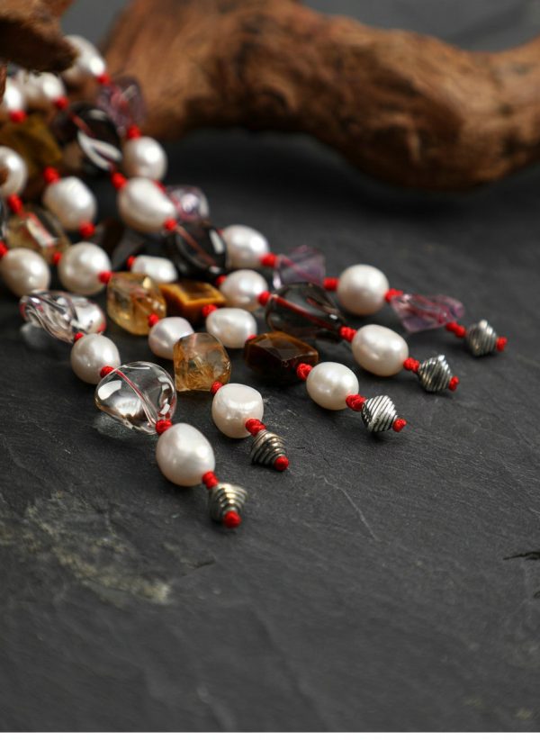 Radiant Prosperity: Freeform Citrine & Natural Pearl Red Cord Bracelet