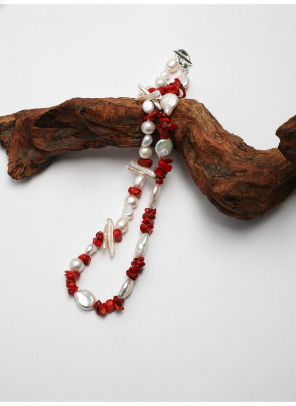 Oceanic Vitality: Natural Red Sea Bamboo & Multi-Shape Baroque Pearl Healing Necklace