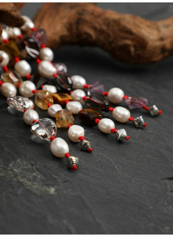 Luminous Clarity: Freeform Clear Quartz & Natural Pearl Protective Red Cord Bracelet