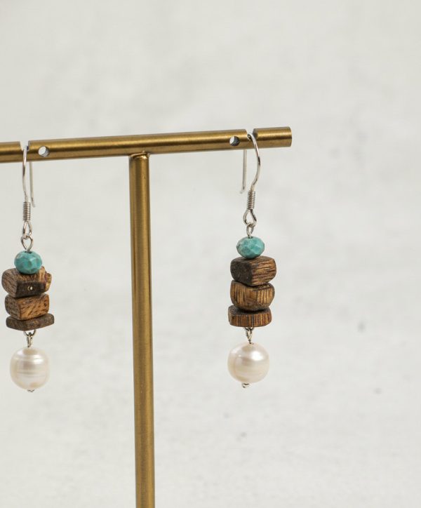 Earthly Zen: Rare Kynam Agarwood, Turquoise & Pearl Grounding Earrings