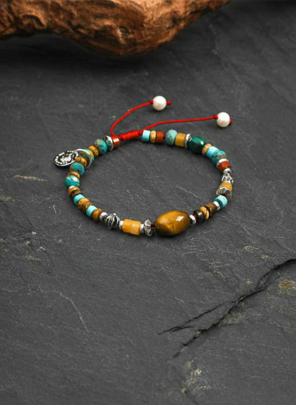 Earthbound Guardian: Yellow Tiger’s Eye, Turquoise & S925 Silver Adjustable Healing Bracelet