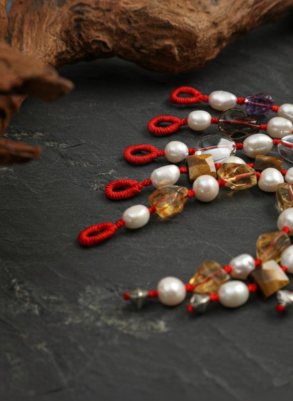 Radiant Prosperity: Freeform Citrine & Natural Pearl Red Cord Bracelet