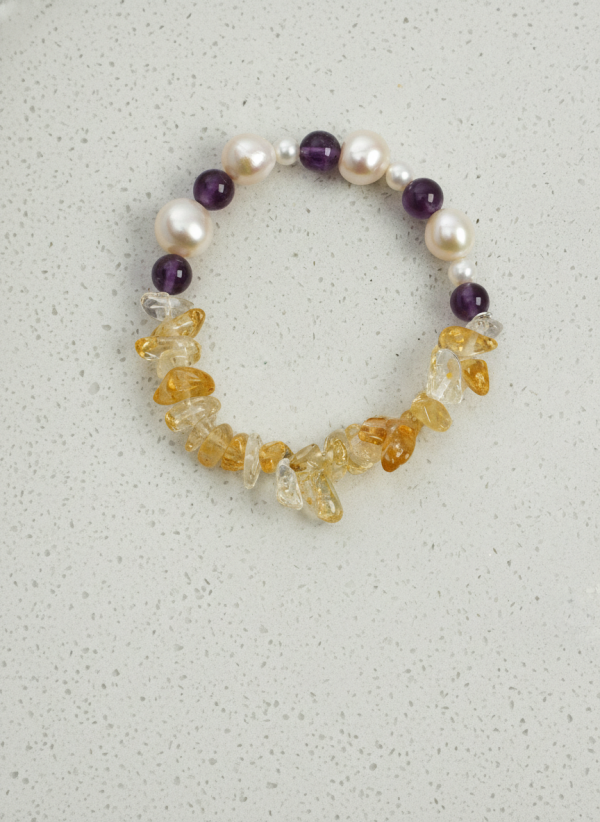 Radiant Prosperity: Brazilian Citrine, Amethyst & Baroque Pearl Healing Bracelet