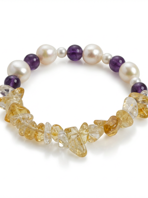 Radiant Prosperity: Brazilian Citrine, Amethyst & Baroque Pearl Healing Bracelet