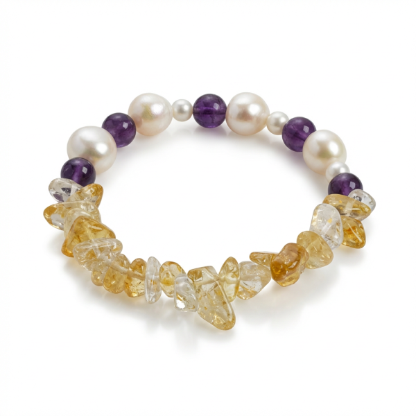 Radiant Prosperity: Brazilian Citrine, Amethyst & Baroque Pearl Healing Bracelet