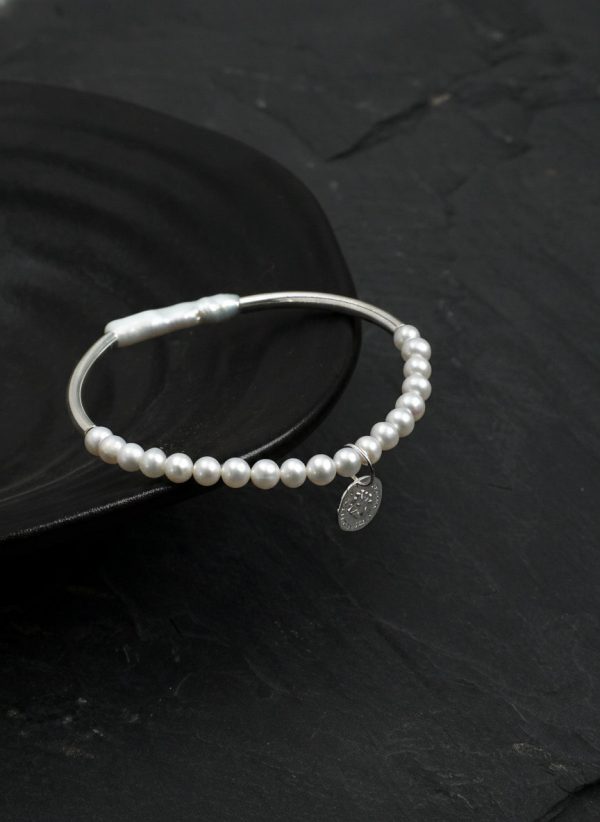 Moonlit Harmony: Natural Seed Pearl & S925 Silver Curved Tube Bracelet
