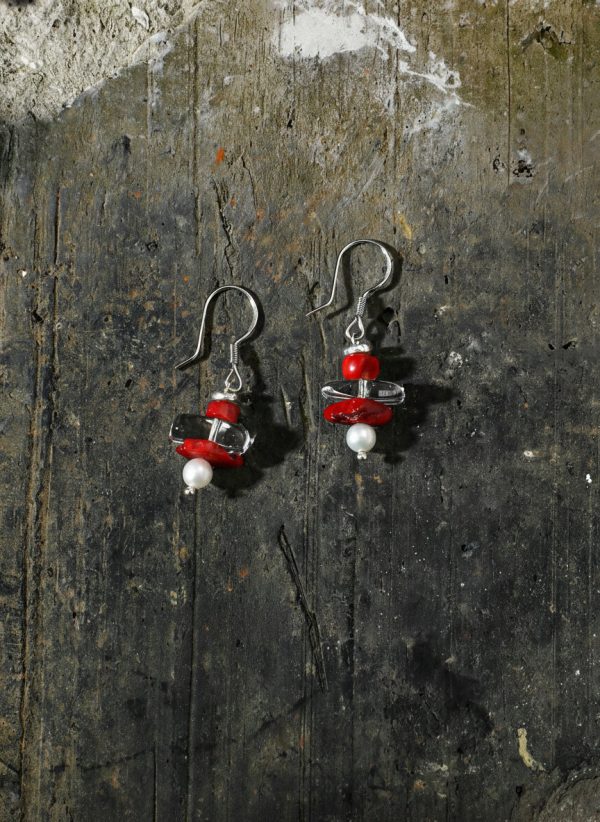 Rooted Vitality: Natural Red Agate, Clear Quartz & Pearl Healing Earrings