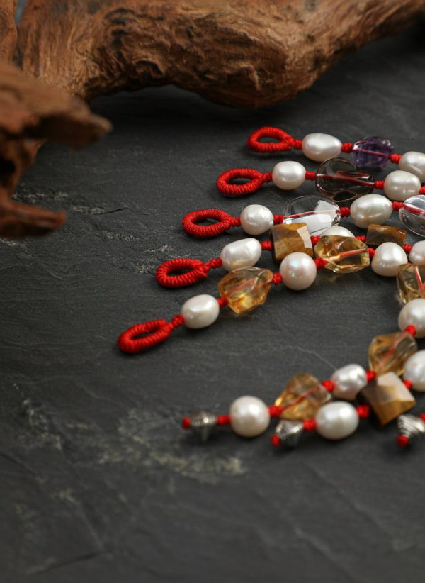 Luminous Clarity: Freeform Clear Quartz & Natural Pearl Protective Red Cord Bracelet