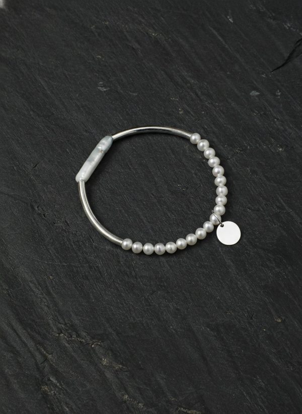 Moonlit Harmony: Natural Seed Pearl & S925 Silver Curved Tube Bracelet