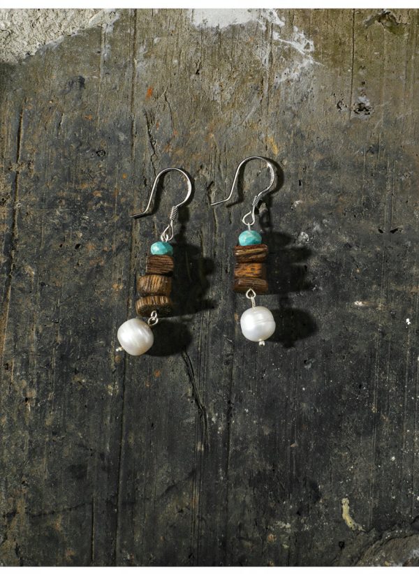 Earthly Zen: Rare Kynam Agarwood, Turquoise & Pearl Grounding Earrings